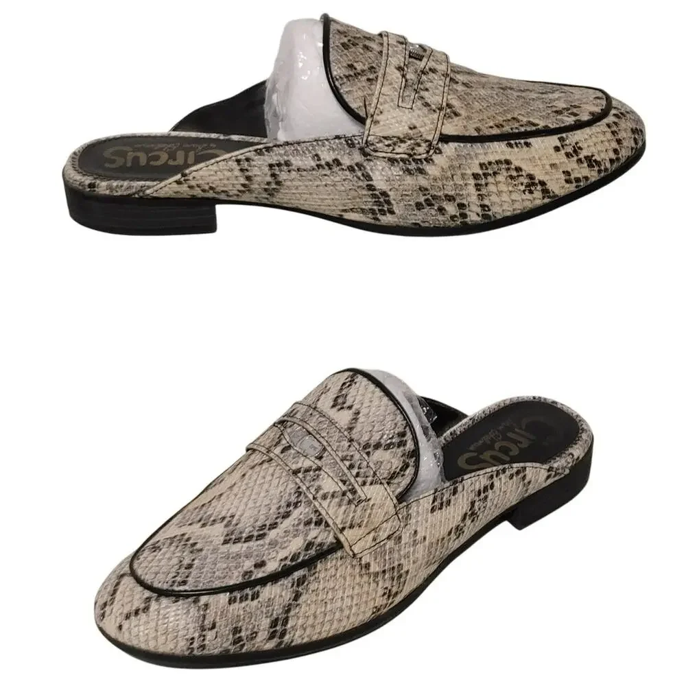 Sam Edelman Circus Hal Faux Snakeskin Flat Slides Close Shoes Cream Black US 6.5